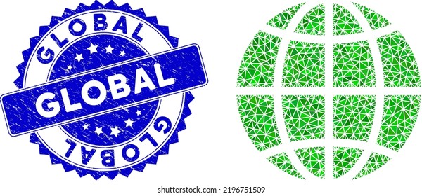 Blue rosette corroded seal and low-poly planet globe mosaic in green colors. Triangulated planet globe polygonal 2d illustration, and corroded blue stamp.