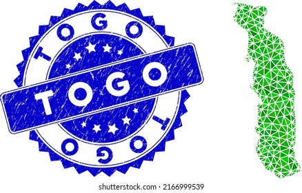 Blue rosette corroded stamp seal and lowpoly Togo map mosaic in green colors. Triangulated Togo map polygonal icon illustration, and rubber blue seal print.