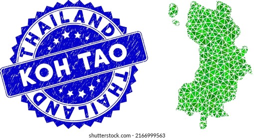 Blue rosette corroded stamp seal and low-poly Koh Tao Thai Island map mosaic in green colors. Triangulated Koh Tao Thai Island map polygonal icon illustration with unclean blue seal.