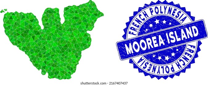 Blue rosette corroded stamp seal and lowpoly Moorea Island map mosaic in green colors. Triangulated Moorea Island map polygonal icon illustration, and corroded blue seal.