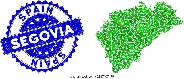 Blue rosette dirty seal and lowpoly Segovia Province map mosaic in green colors. Triangulated Segovia Province map polygonal 2d illustration with dirty blue stamp seal.