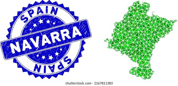 Blue rosette dirty seal and lowpoly Navarra Province map mosaic in green colors. Triangulated Navarra Province map polygonal symbol illustration, and rubber blue seal.