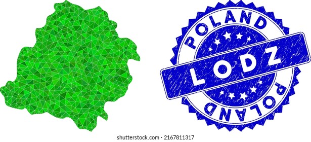 Blue Rosette Dirty Stamp And Lowpoly Lodz Voivodeship Map Mosaic In Green Colors. Triangulated Lodz Voivodeship Map Polygonal Icon Illustration, And Textured Blue Watermark.