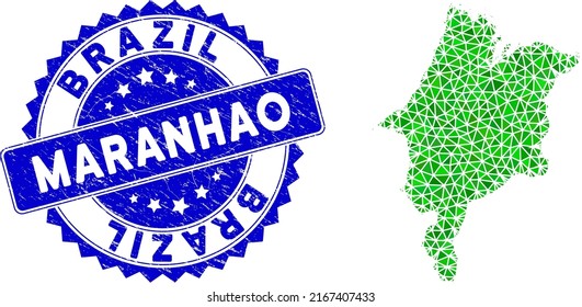 Blaue Rosette schmutzige Stempelrobbe und Low-Poly-Maranhao-State-Karte Mosaik in grünen Farben. Triangulated Maranhao State Karte polygonal Symbol Illustration und grunge blaue Robben Imitation.