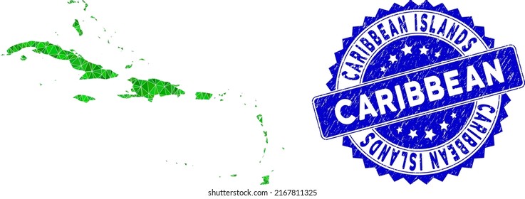 Blue rosette dirty stamp seal and lowpoly Caribbean Islands map mosaic in green colors. Triangulated Caribbean Islands map polygonal symbol illustration with grunge blue stamp seal.