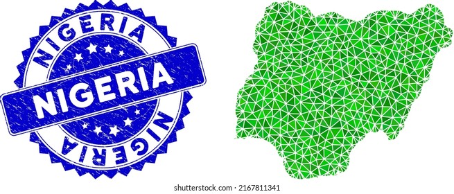 Blue rosette dirty stamp seal and lowpoly Nigeria map mosaic in green colors. Triangulated Nigeria map polygonal icon illustration, and textured blue stamp seal.