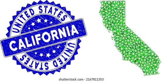 Blue rosette dirty stamp seal and lowpoly California map mosaic in green colors. Triangulated California map polygonal symbol illustration with unclean blue seal print.