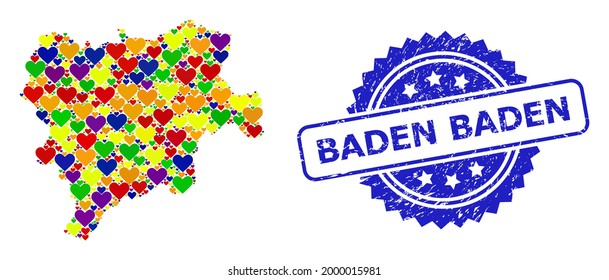 Blue rosette distress seal with Baden Baden title. Vector mosaic LGBT map of Albacete Province with hearts. Map of Albacete Province collage designed with lovely hearts in multicolored color tinges.