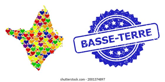 Blue rosette distress seal with Basse-Terre phrase. Vector mosaic LGBT map of Amapa state with love hearts. Map of Amapa state collage created with love hearts in bright color tinges.