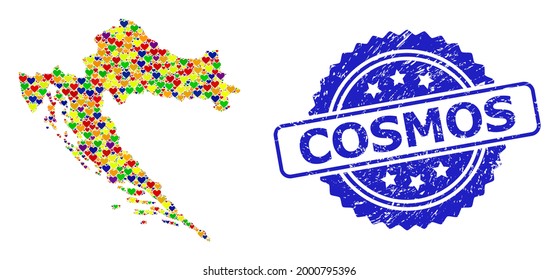 Blue rosette distress seal with Cosmos message. Vector mosaic LGBT map of Croatia with hearts. Map of Croatia collage created with valentine hearts in multicolored shades.