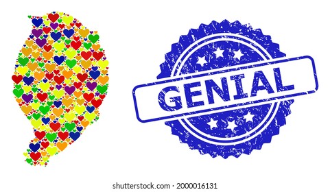 Blue rosette distress seal with Genial phrase. Vector mosaic LGBT map of Corvo Island with lovely hearts. Map of Corvo Island collage created with lovely hearts in colored color tinges.