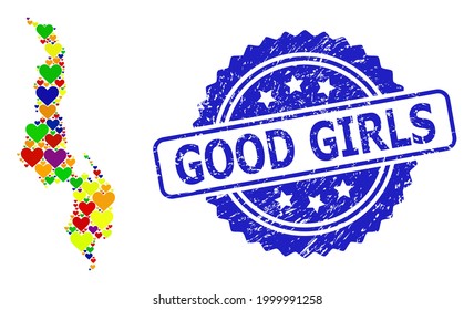 Blue rosette distress seal with Good Girls phrase. Vector mosaic LGBT map of Malawi with lovely hearts. Map of Malawi collage formed with love hearts in bright color hues.