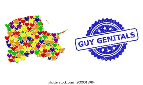 Blue rosette distress seal with Guy Genitals message. Vector mosaic LGBT map of Pomerania Province with lovely hearts.