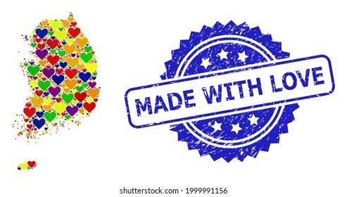 Blue rosette distress seal imprint with Made with Love message. Vector mosaic LGBT map of South Korea with love hearts.