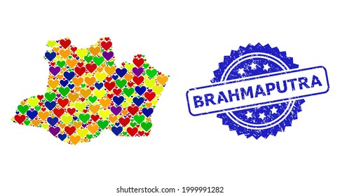 Blue rosette distress seal imprint with Brahmaputra phrase. Vector mosaic LGBT map of Amazonas State with valentines. Map of Amazonas State collage formed with love hearts in multicolored shades.