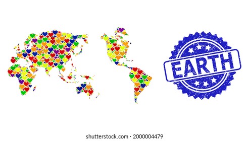 Blue rosette distress seal imprint with Earth caption. Vector mosaic LGBT map of Earth of love hearts. Map of Earth collage composed with love hearts in bright color tones. For LGBT marriage images.