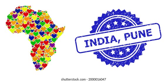 Blue rosette distress seal imprint with India, Pune caption. Vector mosaic LGBT map of Africa with valentines. Map of Africa collage formed with lovely hearts in colorful color tones.