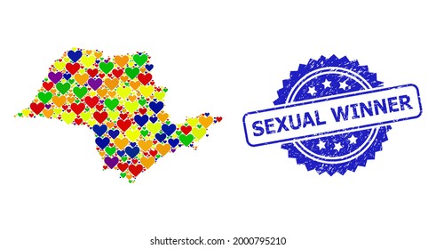 Blue rosette distress seal imprint with Sexual Winner text. Vector mosaic LGBT map of Sao Paulo State of lovely hearts.