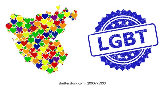 Blue rosette distress seal imprint with LGBT message. Vector mosaic LGBT map of Cadiz Province with hearts. Map of Cadiz Province collage composed with valentine hearts in colorful color tints.