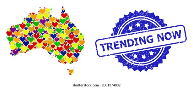 Blue rosette distress seal imprint with Trending Now text. Vector mosaic LGBT map of Australia with lovely hearts. Map of Australia collage designed with valentine hearts in bright color tinges.