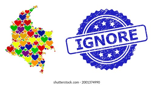 Blue rosette distress seal imprint with Ignore title. Vector mosaic LGBT map of Colombia with love hearts. Map of Colombia collage formed with lovely hearts in colorful shades. For gay love arts.