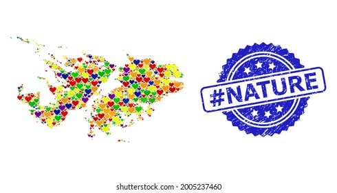 Blue rosette distress seal imprint with hashtag Nature phrase. Vector mosaic LGBT map of Falkland Islands of hearts. Map of Falkland Islands collage created with love hearts in colored color hues.