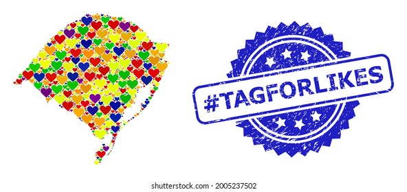 Impresión del sello de la angustia de la rosa azul con la etiqueta "Tagforlikes". Mapa de mosaico de vectores LGBT del estado de Rio Grande do Sul con corazones de amor.