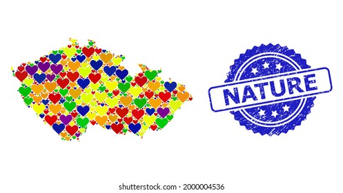 Blue rosette distress seal with Nature message. Vector mosaic LGBT map of Czech Republic with love hearts. Map of Czech Republic collage composed with love hearts in bright color tints.