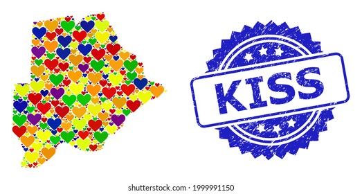 Blue rosette distress seal stamp with Kiss title. Vector mosaic LGBT map of Botswana with love hearts. Map of Botswana collage created with love hearts in colored shades.