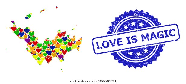 Blue rosette distress seal stamp with Love Is Magic caption. Vector mosaic LGBT map of Saint Barthelemy from love hearts.