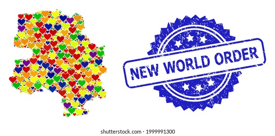 Blue rosette distress seal stamp with New World Order text. Vector mosaic LGBT map of New Delhi City of love hearts. Map of New Delhi City collage designed with love hearts in multicolored shades.
