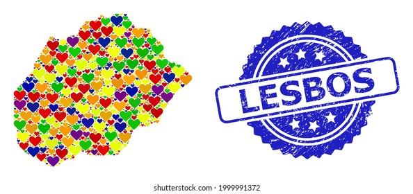 Blue rosette distress seal stamp with Lesbos caption. Vector mosaic LGBT map of Alegranza Island with lovely hearts. Map of Alegranza Island collage created with lovely hearts in bright color tones.