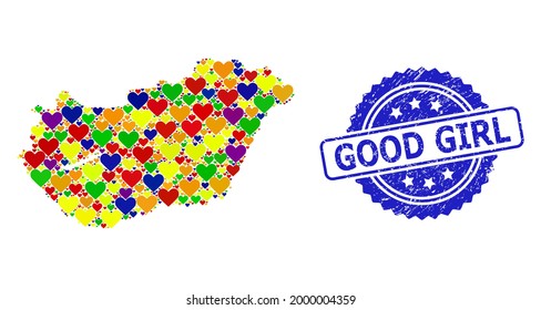 Blue rosette distress seal stamp with Good Girl title. Vector mosaic LGBT map of Hungary with lovely hearts. Map of Hungary collage created with love hearts in colored color tinges.