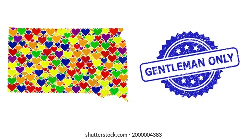 Blue rosette distress seal stamp with Gentleman Only phrase. Vector mosaic LGBT map of South Dakota State of love hearts. Map of South Dakota State collage formed with love hearts in bright shades.