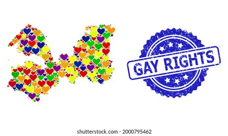 Blue rosette distress seal stamp with Gay Rights text. Vector mosaic LGBT map of Leningrad Region of love hearts. Map of Leningrad Region collage formed with love hearts in bright color tinges.