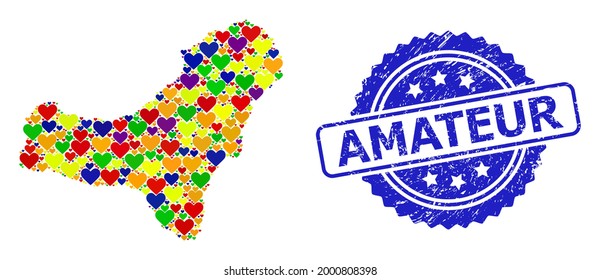 Blue rosette distress seal stamp with Amateur title. Vector mosaic LGBT map of El Hierro Island with lovely hearts. Map of El Hierro Island collage composed with love hearts in bright color tints.