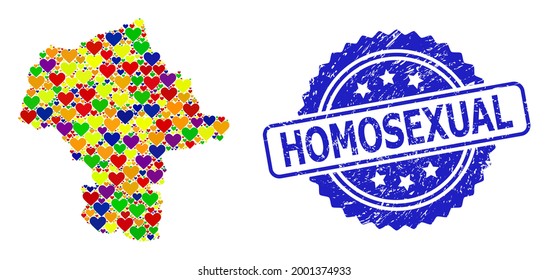 Blue rosette distress seal stamp with Homosexual text. Vector mosaic LGBT map of Mazovia Province with love hearts.