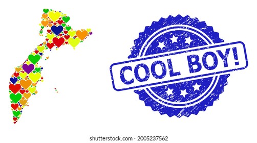 Blue rosette distress seal stamp with Cool Boy Exclamation title. Vector mosaic LGBT map of Kamchatka Peninsula with lovely hearts.