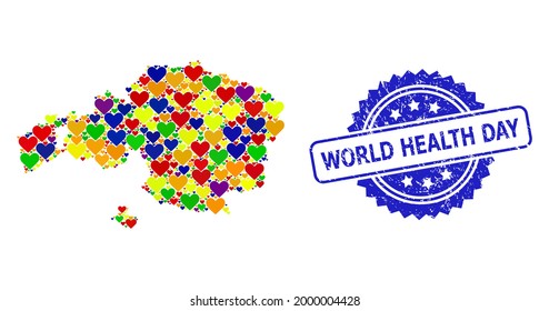 Blue rosette distress seal with World Health Day message. Vector mosaic LGBT map of Vizcaya Province with lovely hearts.
