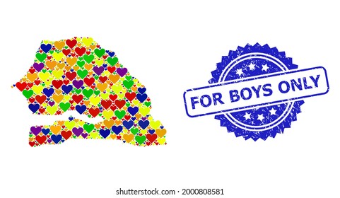 Blue rosette distress stamp with For Boys Only text. Vector mosaic LGBT map of Senegal with love hearts. Map of Senegal collage designed with love hearts in colorful color tones.