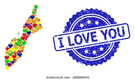 Blue rosette distress stamp with I Love You message. Vector mosaic LGBT map of Masirah Island of lovely hearts. Map of Masirah Island collage created with lovely hearts in colorful color tints.