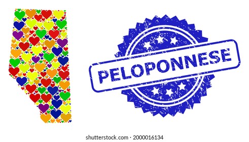 Blue rosette distress stamp with Peloponnese title. Vector mosaic LGBT map of Alberta Province with lovely hearts.