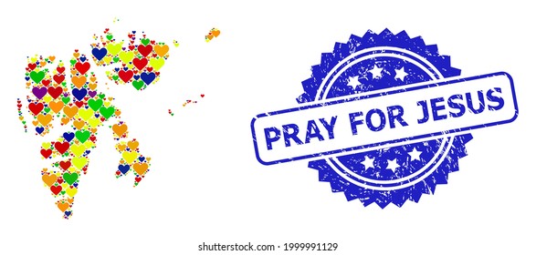 Sello de la angustia de la rosa azul con el título de Orar por Jesús. Mapa de mosaico vector LGBT de las islas Svalbard con corazones de amor.