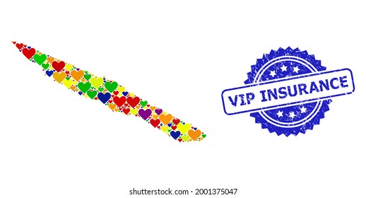 Blue rosette distress stamp with Vip Insurance caption. Vector mosaic LGBT map of Sao Jorge Island with lovely hearts.