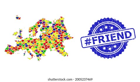 Blue rosette distress watermark with hashtag Friend caption. Vector mosaic LGBT map of Europe with love hearts. Map of Europe collage designed with lovely hearts in colorful color tones.