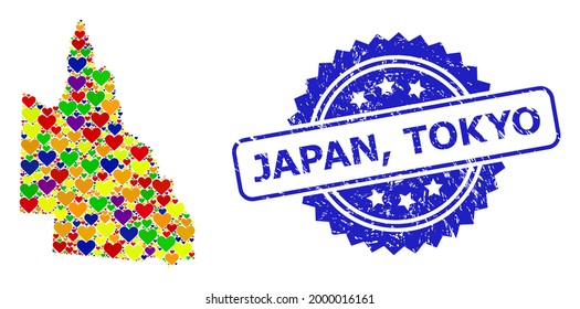 Blue rosette distress watermark with Japan, Tokyo phrase. Vector mosaic LGBT map of Australian Queensland with love hearts.