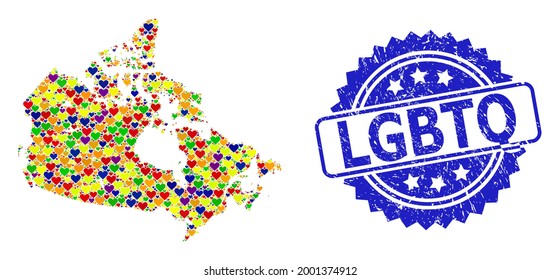 Blue rosette distress watermark with Lgbtq phrase. Vector mosaic LGBT map of Canada with love hearts. Map of Canada collage formed with love hearts in bright color tones. For gay love illustrations.