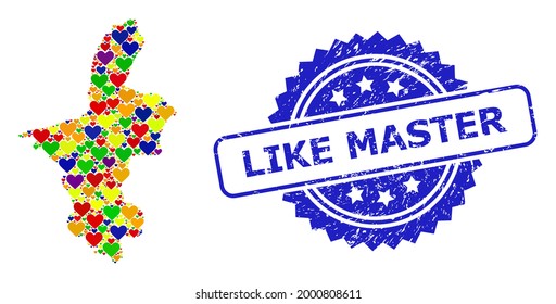 Blue rosette distress watermark with Like Master phrase. Vector mosaic LGBT map of Ningxia Hui Region with lovely hearts.