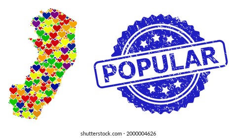 Blue rosette distress watermark with Popular message. Vector mosaic LGBT map of Espirito Santo State with love hearts.