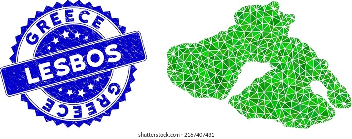 Blue Rosette Grunge Badge And Low-poly Greek Lesbos Island Map Mosaic In Green Colors. Triangulated Greek Lesbos Island Map Polygonal 2d Illustration With Grunge Blue Watermark.